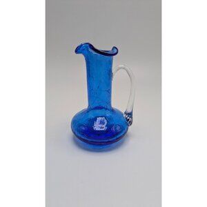 Kanawha Art Hand Blown Blue Crackled Glass Pitcher Vase With Clear Handle